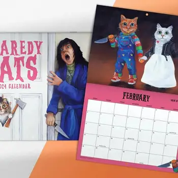 12-месечен Котешки Календар с януари 2024 г. до декември 2024 г., с монтиран на стената Месечен календар Scaredy Котка за планиране, организиране и ежедневника