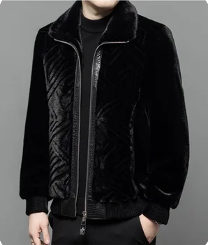 2023 Есенно-зимния руно от изкуствена норка, модно мъжко палто с най-кожа, ежедневни младежки яке на средна възраст, черен
