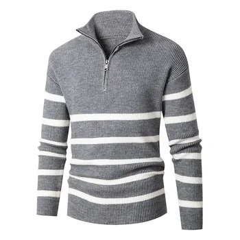 2023 Нов мъжки полу-отворени пуловер с стоячкой на мълния, есенно-зимни младежки случайни пуловер райе