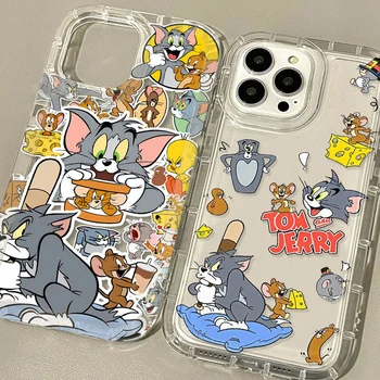 Cartoony Калъф за Телефон Котка и Мишка за iPhone 15 14 13 12 11 Pro Max XR XS X 8 7 6 6S Plus SE 2020 Противоударная Прозрачна Делото