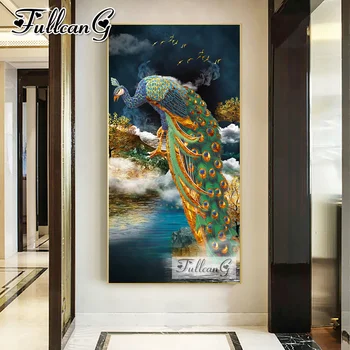 FULLCANG Животно Пауни диамантена живопис голям 5d сам мозайка бродерия абстрактен пейзаж и планински кристал картина на морска лодка FG1237