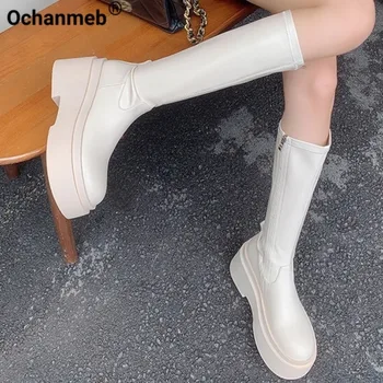 Ochanmeb/ Дамски ботуши до коляното от естествена кожа за езда на дебел ток, платформа, ципове, готически ботуши, дамски обувки с кръгло бомбе, есен-зима