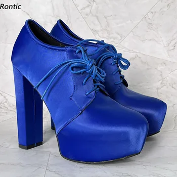 Rontic/ Нови дамски обувки-лодка ръчна изработка на платформата и масивна обувки с кръгло бомбе, красиви синьо-червени вечерни обувки за cosplay, размерът на САЩ 5-20
