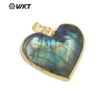 WT-P1726 Страхотна Нова натурална сверкающая висулка във формата на сърце от labradorite, позлатените бижута колие-сърце от камък