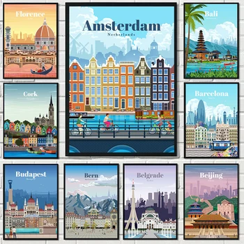 Амстердам, Токио, Лондон, Исландия, Бали, Ванкувър, Туристически плакати, рисунки върху платно, модерна стенни картини за декорация на дома