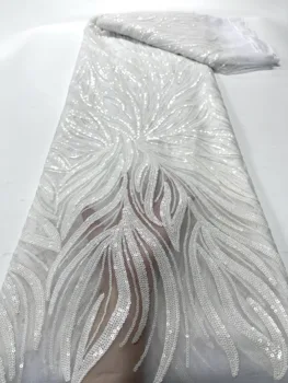 Африканска тюлевая лейси плат с пайети бяла Благородна Френска плат с бродерия в Нигерия стил за сватбеното тържество Рокля Шият
