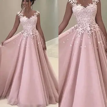 Вечерни рокли Robe De Soiree с тюлевыми ръкави-капачки Дълги розови Вечерни рокли 2021 С кружевными Апликации Вечерна рокля party vestido elegante