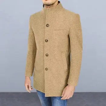 Вълна палто Стилен мъжки тренч със средна дължина, с яка-часова, однобортный, оборудвана, обикновен, с джобове, есенно-зимно яке