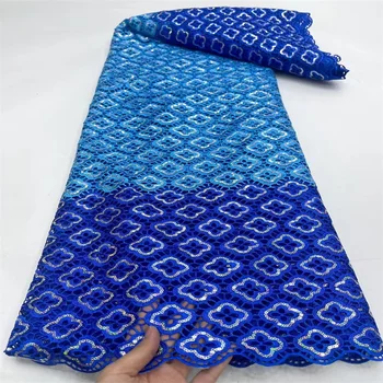 Гипюровая лейси плат с пайети 2024 син цвят, висококачествен разтворим във вода, завързана материал за сватбена рокля в стил нигерия