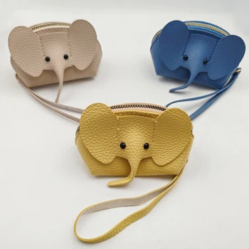 Дамски чанта за пари под формата на слон от изкуствена кожа, портфейл за монети с ключодържател, многофункционални чанти за багаж с цип, джоб за ключове