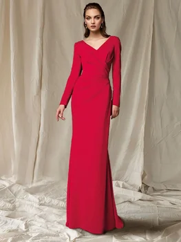 Дамско елегантно и сдържано червено плиссированное рокля с V-образно деколте за официални събития, вечерна рокля с дълъг ръкав и копчета, произведено по поръчка в Дубай, многоцветное