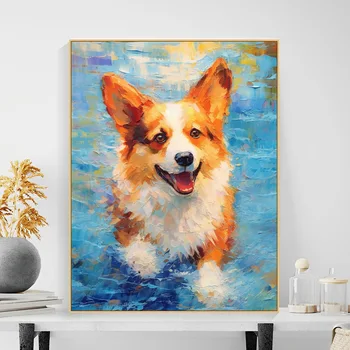 Дигитална картина с маслени бои, домашен любимец, сладко кученце, ръчно рисувани, подвесная картина