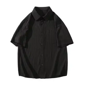 Ежедневна мъжка риза Стилни мъжки ежедневни ризи свободно cut, однобортные блузи с къс ръкав и раирана шарка за градинска дрехи