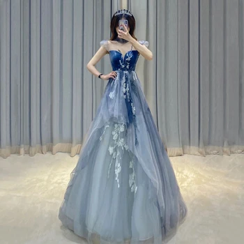 Елегантна синя рокля на принцеса с високо воротом, плиссированное рокля трапецовидна форма, тънка бродерия, дължина до пода, вечерни рокли за официални събития
