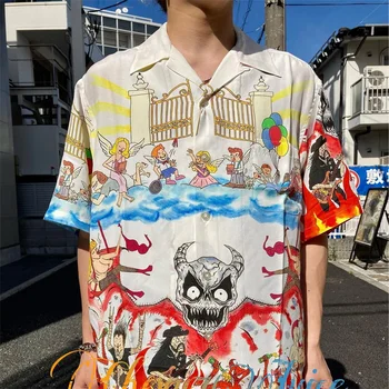Есен нова риза WACKO MARIA в хавайски стил, с къс ръкав, мъжки женска тениска с изображение на дявола и Ангела, хип-хоп и по-добро качество