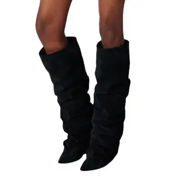 Есенни женски черни велурени обикновена обувки на тънък ток, с панталони до коляното, дамски обувки-тръба с остри пръсти, без закопчалка, плисе Дълги улични ботове