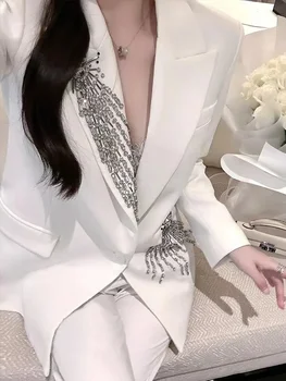 Жена блейзър Луксозен Планински кристал, Офис Бизнес Сватба Изискан Елегантен костюм на бвп топ