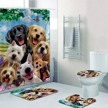 Забавни Усмихнати Кучета Селфи Завеса За Душ Завеси за Баня за Кучета Мама Татко Начало Декор Териер Завеса За Баня, Постелки Комплект Тоалетна