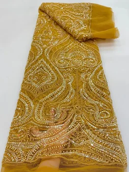 Класическа Златна африканска тежка луксозна тюлевая лейси плат с пайети, френска лейси плат, ръчно изработени beaded, елегантна вечерна рокля за сватба