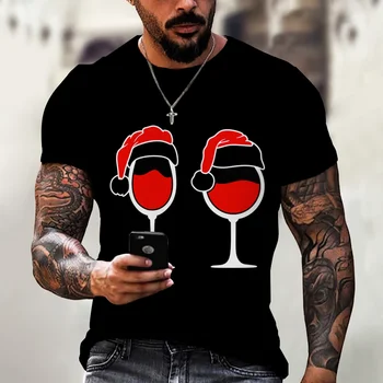 Коледна тениска с принтом под формата на чаши червено вино, мъжки градинска мода Харадзюку, тениска с кръгла яка и къс ръкав, тениски, подарък за Нова година