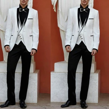 Костюми за мъже, бяла сватбена яке, панталон, жилетка от три части, черен однобортный с ревери, елегантен за тържествен повод, оборудвана 2023