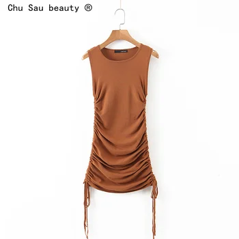 Лято 2021, Нов дамски секси Ретро Тънък Многоцветен дантела, плиссированный дизайн, вязаная чанта без ръкави, модерен мини-рокли, Жилетки