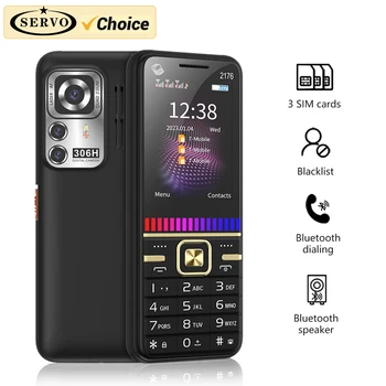 Мобилен телефон СЕРВО 2176 с голям бутон, 3 SIM карти, двоен фенерче, Преносим високоговорител, Bluetooth, Музикален плейър, функция за бързо набиране на мобилния телефон