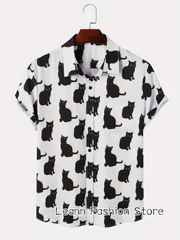 Мъжка Лятна Риза с принтом Прекрасни Черни котки, Хавайски дрехи за почивка, Мъжки Ежедневни риза с яка-лацканом копчета, Модни плажна риза
