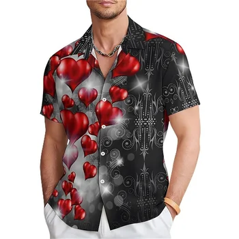 Мъжка риза на Свети Валентин 2024, лятна хавайска риза с къс ръкав, мъжки ежедневни риза оверсайз за мъже, върхова продуктова фестивал на мъжко облекло