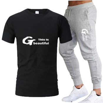 Мъжка риза, Спортно Облекло от две части мъжки ежедневни спортни облекла за фитнес Тениска с къси ръкави и панталони Мъжки ежедневни модерен спортно облекло