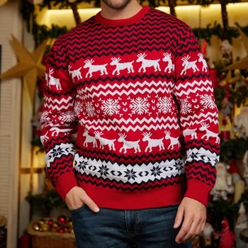Мъжки Вязаный пуловер Пуловер С дълги ръкави, Шарките на Лосове И Снежинки, Коледни стил, Всекидневни, Кръгъл Отвор, Празничен Комплект