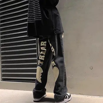 Мъжки панталони с принтом любов на главната улица в американския ретро стил 2023 г., тенденция на улични дънки Y2K в стил хип-хоп, свободни директни ежедневни дънки с широки штанинами в стила на Жокера