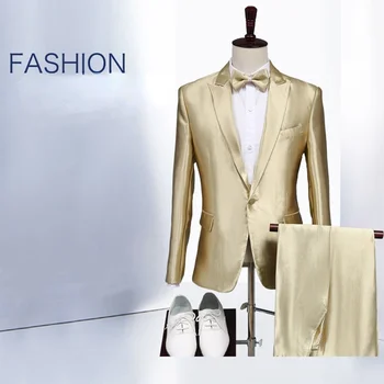 Направен по поръчка мъжки Златни костюми, сватбени костюми, мъжки мек сатен, копринен костюм, сако, Елегантен костюм, панталон, Елегантен комплект от 2 теми, terno masculino