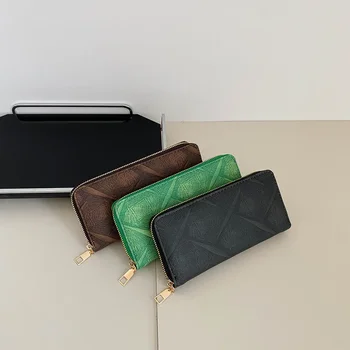 Нов дамски портфейл с обикновена текстура в ретро стил, модерен в чантата си голям капацитет, работа на смени чанта за мобилен телефон