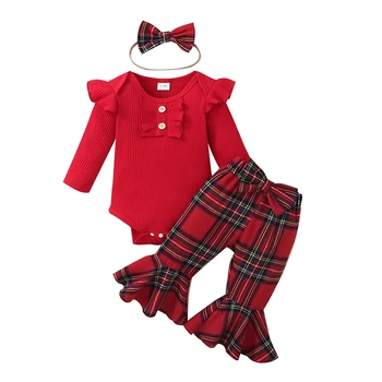 Облекло За новородени момичета, Гащеризон с дълъг ръкав в рубчик, разкроена панталони, комплект с превръзка на главата, есенно-зимни екипировки, 3 бр.