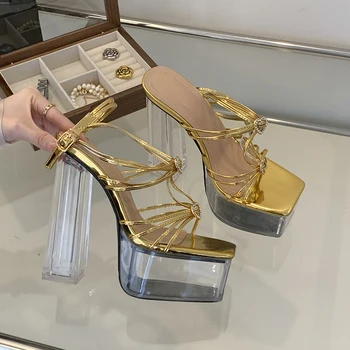 Обувки с квадратни пръсти на платформа и украса под формата на кристали, дамски сандали на дебел ток, летни дамски обувки-гладиатори, Сандали, Размер 35-42, обувки-лодка за нощен клуб