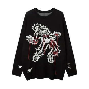 Пуловери на модната марка, тъмни пуловери с човешки виртуален скелет, мъжки есенно-зимните пуловери с леко мързелив вятъра, меки восъчни пуловери