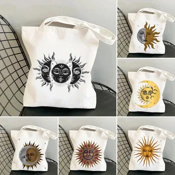 Реколта абстрактни чанти за рамо с образа на Слънцето, на Луната, на звездите, на Небесния изкуство, женски холщовые чанта през рамо, чанта в стил Харадзюку, чанти-тоут, Еко-купувач, памучни торбички за пазаруване