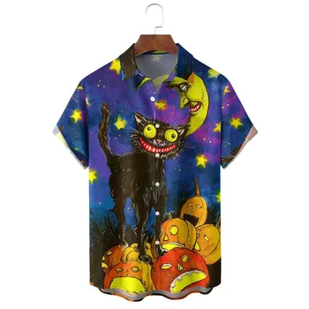 Ризи Котка на Хелоуин Тиква Риза Алоха Ризи с копчета Унисекс Ежедневни риза Harajuku с отложным яка Градинска риза с къс ръкав