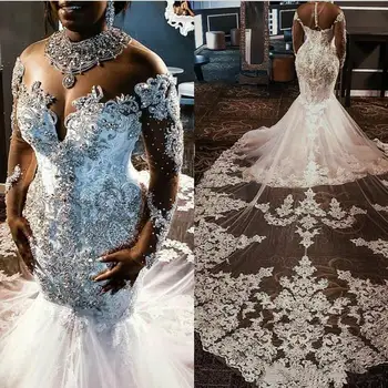 Сватбени рокли на Русалка с дълги ръкави, Лейси Апликация, Украсена с перли И Кристали, Сватбени рокли по поръчка