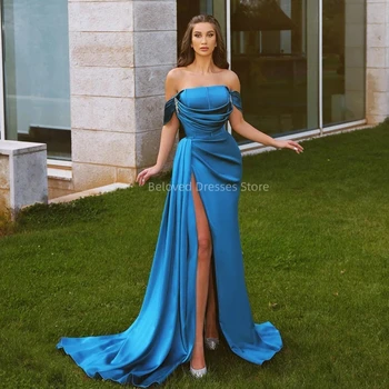 Секси синя рокля на русалка за бала в Саудитска Арабия, коктейлни рокли без ръкави, с открити рамене, ушити по поръчка, вечерни рокли Ocasião