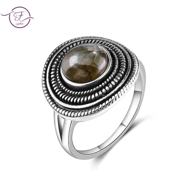 Сребърен Ретро текстура, Кръг 8 мм Натурален лабрадорит, пръстени с тигровым око за жените, Годежен пръстен, Бижута подарък