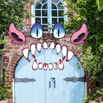 Украса гаражни врати на Хелоуин голям размер, арката на къщата с лице на чудовище и очи, уличен декор за Хелоуин, Празничен декор