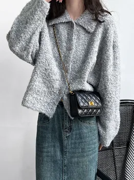 Уютен пуловер-жилетка от мек трикотаж кръгла плетени - Однобортный с яка-лацканом за жени - Вълна палто свободно cut висок клас