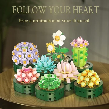 Цветя са сукуленти Строителни блокове в саксии Immortal Flower Bouquet Bricks Романтичен комплект за монтаж на MOC собствените си ръце, Играчка за момиче, Подарък за рожден Ден