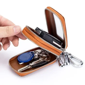 Чантата за ключовете от колата, кожена двойна чанта за ключове с цип, поясная чанта за мъже и жени, ключодържател портфейл