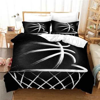 Черно-бял комплект спално бельо Баскетболен спортен чаршаф с принтом баскетболна рамка Домашен текстил и Спално бельо за деца, момчета и възрастни