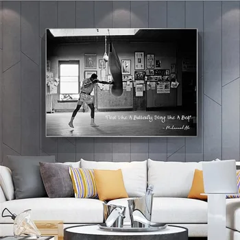 Черно-бял плакат Боксьор Бие круша, Фото, платно, Боядисване, Думите на Мохамед Али, Плакат, Декорация за дома в салона