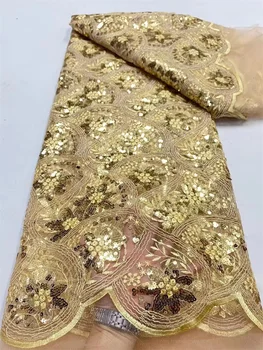 5 ярда Африканска златна завързана кърпа с пайети Френски тюл и Луксозна материя за Нигерийски окото рокли Tissu Africain Femme PN5