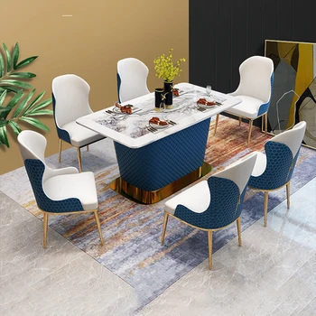 MANBAS да Украсят вашата трапезария с помощта на мраморно маса с 6 кожени стола и дизайнерски мебели от неръждаема стомана / Кухненски мебели